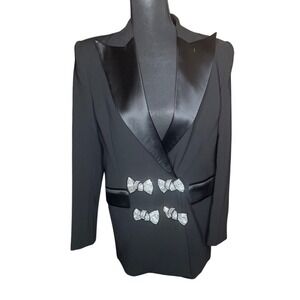 Miss Rosier Black Tuxedo Blazer Embellished Crystal Bows Satin Lapel Large